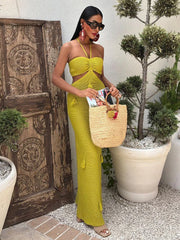 LIZAKOSHT - Knitted Halter Hollow Out Long Dress Women Backless Sleeveless Tassels Vacation Long Dresses Beach Solid Street Summer Robe