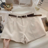 LIZAKOSHT  -  Korean Fashion Straight High Waist Solid Color Belt Summer Short Pants with Belt Office Lady Solid Color Shorts for Women