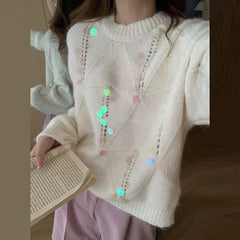 LIZAKOSHT - Elegant Jacquard Sequins Sweater Fashion Solid Color Long Sleeve Knitted Pullover Winter New Women's O Collar Hollow Out Jumpers