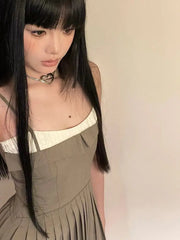 LIZAKOSHT - Pleated Sling Dress Patchwork A-Line Short Skirt Brown The Waist A Line Ballet Strap Dress Super Mini Party Dress Y2K Summer