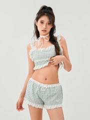 LIZAKOSHT  -  Kawaii Summer Two-Piece Top Shorts Suits Y2K Aesthetic Clothes Women Girls Lace Trim Straps Crop Tops and Shorts Sets Streetwear