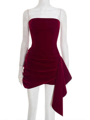 LIZAKOSHT - Solid Velvet Strapless Ruched Mini Dress Women Sleeveless Asymmetric Style Dresses Autumn Winter Female Evening Parties Vestidos