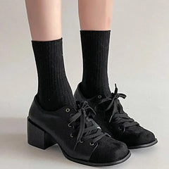 LIZAKOSHT - Vintage Brown maillard Style Casual Pumps Square Toe Patchwork Block Heels Lace-up Shoes Women