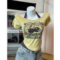 LIZAKOSHT - Retro Millennial Fake Two Letter Printed T-Shirt Women Y2K Streetwear Hot Girls Slim Korean Fashion Street Trend Casual Tops