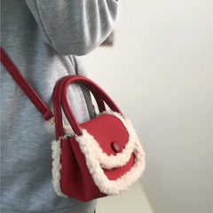 LIZAKOSHT - Korean Style Retro Lamb Wool Handbag Women Sweet Cute Square Crossbody Bag Ladies Christmas New Year Red Crossbody Bag