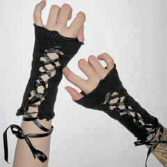 LIZAKOSHT - Lace Flower Sleeves Women Gothic Lolita Black Hollowed Out Gloves Mesh Punk DIY Strapping Bow Tie Fingerless Mitten Girls Party