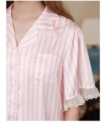 LIZAKOSHT - Pink Short-sleeved Loungewear Suit Sexy Women 2 Piece Outfit French Striped Silk Lace Top Shorts Set Casual Pajamas Tracksuit