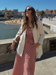 LIZAKOSHT - Plaid Vintage Summer Skirt Set for Women Spring Casual New in Dress Set 2 Pieces Red Midi Dress Beach Matching Set