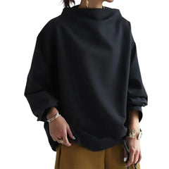 LIZAKOSHT - Female Casual Solid Color High-Neck Long Sleeves T-Shirt Loose Cotton Shirts Tops For Women Spring
