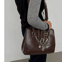 LIZAKOSHT - Sweet Cool Brown Shoulder Bags Purse Women High Street Leather Chain Handbag Ladies Moto Biker Casual The Tote Bag Y2k