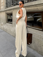 LIZAKOSHT - Summer Womem Fashion Round Neck Sleeveless Top Pants Suit Two-Piece Set Office Ladies Chic Pants Suits Womens Outfits