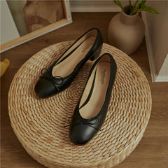 LIZAKOSHT - Genuine Leather Women Shoes Fashion Butterfly-knot Spring and Autumn Pumps Slip-On Casual Shoes Chunky Heel Size 34-40