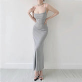 LIZAKOSHT - Women Sexy Slash Collar Tide Bow Back Backless Rib Sling Dress A-lined Swing Midi Long Night Out Party Robe Summer