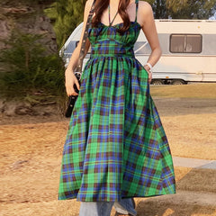LIZAKOSHT - Sexy Sleeveless Backless Strap Dresses for Women Robe Vintage Green Plaid Long Dress Summer Boho Beach Wear Vestidos