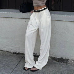 LIZAKOSHT - Women Casual Straight Pants with Belt High Street Fashion Lady Loose Trousers Summer Minimalist Office Wear Outfits