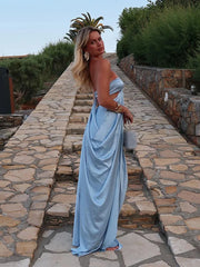 LIZAKOSHT - Sexy Satin Backless Halter Long Dress Women Sleeveless High Slit Pleat A-line Dresses Female 2025 Summer Holiday Beach Robes