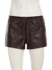 LIZAKOSHT  -  Vintage Lace Up Design Low Waist Mini Shorts Gothic Streetwear Sexy Slim Fit Brown PU Leather Pants for Women Y2k Chic