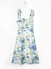 LIZAKOSHT - Women Tide Bow Strap Midi Dress Corset Style A line Sleeveless Beach Holiday Robe Retro French Style White Blue Flower Print