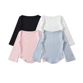 LIZAKOSHT - 4 colors Summer Plain Color Slash Collar Jersey 3/4 Flare Sleeve Tee Women Skinny Slim fit Base Short T-shirts Crop Top Gray