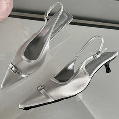 LIZAKOSHT Women Pumps Pointed Toe New Satins Slingback Sandals Ladies Buckle Fashion Design Silver Banquet Low Heels Mules Shoes for Women