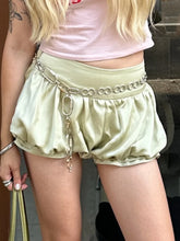 LIZAKOSHT - Lady Chic Satin Bubble Shorts Women Light Green Chain Trim High-waist Casual Street Vacation Bottoms Summer Outing Pants