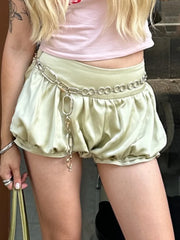 LIZAKOSHT - Lady Chic Satin Bubble Shorts Women Light Green Chain Trim High-waist Casual Street Vacation Bottoms Summer Outing Pants
