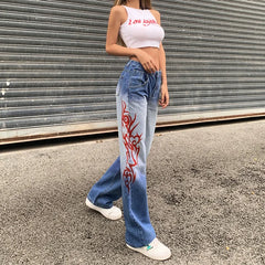 LIZAKOSHT - Casual Straight Denim Trousers Fashion Pocket Printed High Waist Long Jeans Pants Summer Women Hip Hop Goth Streetwear New