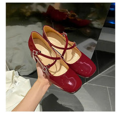 LIZAKOSHT Vintage Mary Jane women's shoes medium heel small leather shoes square head rhinestone cross buckle wine red thick heel shoes