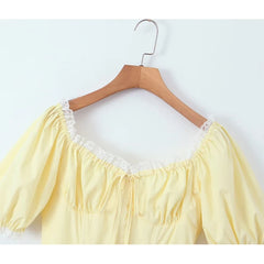 LIZAKOSHT  -  Sweet Women Lace Trim Yellow Dress Vintage Puff Sleeve Ladies A-line Mini Summer Dresses Lacing Up Robe