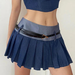 LIZAKOSHT - Pleated Stitching, Contrasting Colors + Belt To Cover Crotch Slimming Sweet And Spicy Skirt Short Skirt American Style For Women
