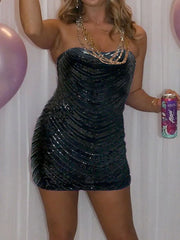 LIZAKOSHT - Casual Solid Color Sequin Tight Short Dress Backless Hollow Summer Party Dress Elegant Women's Strapless High Waist A-line Dress