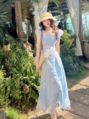 LIZAKOSHT - Summer Fairy Puff Sleeve Slash Neck Blue Dress Women Elegant 3D Flower Decoration Chiffon High Waist Slim Princess Dresses