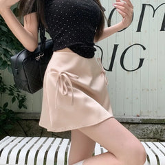 LIZAKOSHT - Bow Lace-up Satin Y2k Mini Skirts A-Line Pink Korean Style Skirts High Waist Zipper Sexy Slim Skirts Sweet Short Skirt For Women