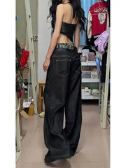 LIZAKOSHT - Vintage Leopard Print Patchwork Fake Two Piece Straight Wide Leg Jeans Stylish Street Jeans Harajuku Style Hot Girl Y2k Trousers