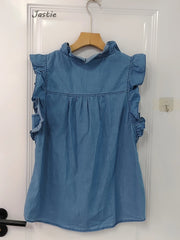 LIZAKOSHT - 2024 Summer New Women's Ruffled Denim Shirt Sleeveless Vest Tops