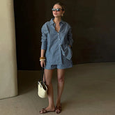 LIZAKOSHT - Casual Striped Shorts Suits Women Loose Lapel Long Sleeves Single Breasted Shirts Set Female Summer Fashion Chic Sets Lady