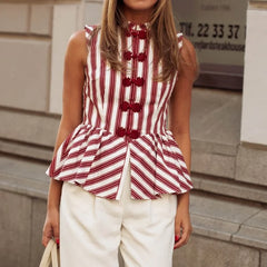 LIZAKOSHT - Striped Mandarin Collar Frog Button Ruffle Trim Top Striped Single‑breasted Summer Women Blouse Versatile Casual Lady Office Top