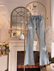 LIZAKOSHT - Flared Trousers Women Sequins Butterfly Embroidery Slim Fit High Waist Streetwear Light Blue Boyfriend Denim Pants Ladies 2024