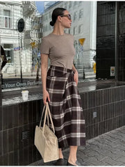 LIZAKOSHT - New Elegant Irregular Ruched Plaid Print Skirts Chic Patchwork Zip-up Midi Women Skirts Ladies Commute Skirts Streetwear