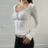 LIZAKOSHT - Women Y2K Lace Patchwork Polka Dot Long Sleeve Tee Hollow Out Tie Front Ruffled Slim Top Casual Streetwear Fashion Tee