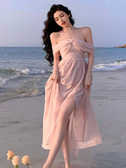LIZAKOSHT - France Elegant Backless Chiffon Beach Dresses Korean Chic A-line Pink Fairy Dress Summer Casual Vocation Party Club Vestidos