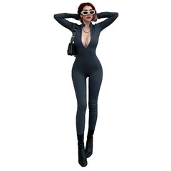 Lizakosht Beach Cover Up For Women Vacation Outfits Winter New Slim Fit Long Sleeve Jumpsuit Solid Spandex Swimwear Swim Dress Pareos