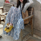 LIZAKOSHT - Vintage Floral Printed Casual Chiffon Mid-length Skirt Women Summer New High Waist Pleated Draped Loose A-line Skirt