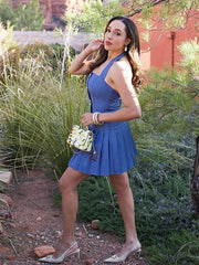 LIZAKOSHT - Fashion Pleated Halter Jeans Short Dress For Women Metal Button High Waist Mini Dress Lady Summer New Chic Street Vestidos