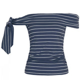 LIZAKOSHT - Women s Striped Off Shoulder Crop Top with Side Tie-up and Backless Design - Short Sleeve Fitted T-Shirt for a Stylish Look