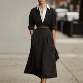 LIZAKOSHT - Women's Lapel Shirts Dress Retro Contrasting Hepburn Style Long Sleeves Stripe Dress Solid Casual Going Out A-Line Long Dress