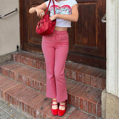 LIZAKOSHT - Plaid Flared Pants Women Summer Slim Fit Elastic High Waist Cropped Trousers Casual Sweatpants y2k Clothes Streetwear