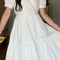 LIZAKOSHT - White Spring Summer Dresses for Woman Solid Ruffles Puff Sleeve Long Dress Korean Fashion Elegant Vestidos Mujer