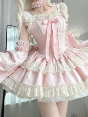LIZAKOSHT - Japan Sweet Lolita Jsk Dress Women Elegant Ruffles Lace Bandage Princess Strap Dresses Girls Y2k Kawaii Tea Party Mini Dress