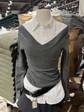 LIZAKOSHT - Grey Double V-neck Sweater Woman Spring Long Sleeve Cotton Slim Knitwear Female Casual Vintage Simple Solid All-match Jumpers